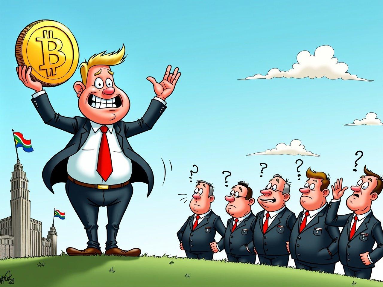 Create a political cartoon in the style of David Doubell's BizNews cartoons (DavidDToons). The central figure is a male character depicted as a confident businessman with exaggerated features: a large jawline, short blond hair, and expressive eyes filled with smug confidence. He flashes a wide, toothy grin, wearing a dark suit, a white shirt, and a bright red tie. This businessman stands on a grassy platform, holding a large, gleaming gold Bitcoin high above his head in one hand, while his other arm gestures outward enthusiastically. In the background, simplified versions of the Union Buildings and waving South African flags are visible, drawn in bold colors. A group of confused government officials in suits reacts with exaggerated expressions, with one scratching his head and another facepalming. The bright blue sky features cartoonish clouds. The cartoon uses thick outlines and bold contrasts, embodying a humorous, satirical tone to reflect the theme of governance reform.