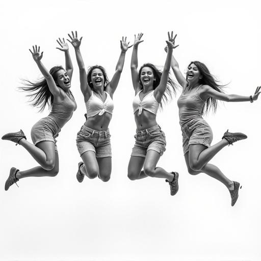 Full body view of a group of happy women jumping and having fun against a white background. Women are in dynamic poses with joyful expressions. The image features detailed linework and bold texture.