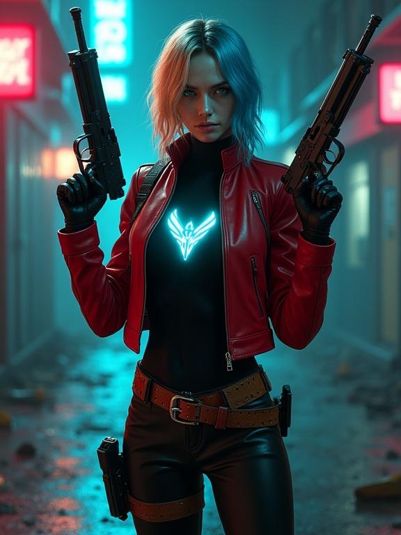 Create hyper-realistic digital artwork of a fierce female mercenary in urban alley. She has split-colored hair with blonde and electric blue. Wear shiny red leather jacket with black turtleneck. Outfit includes black leather pants and studded belt with holsters. Hold tactical rifles with a determined expression and piercing blue eyes. Background is dark, with reflective pavement and neon signs. Use low lighting with shadows and blue-green color palette.
