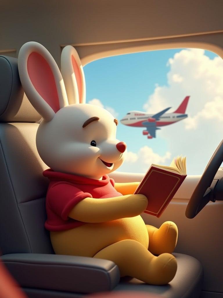 A white rabbit happily seated on an airplane read a book. A 3D Winnie the Pooh character is next to him. Airplane background shows fluffy clouds. The atmosphere is joyful and playful.