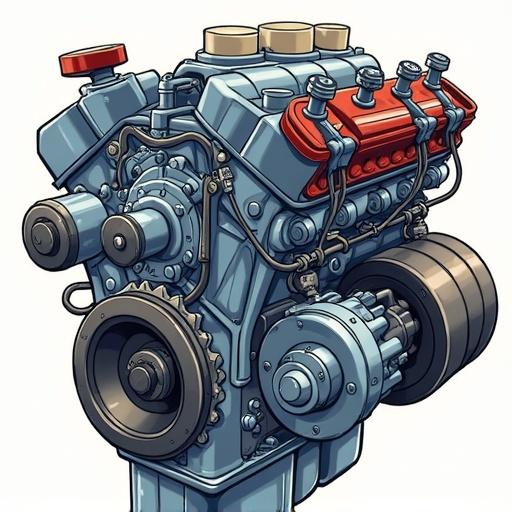 Cartoon-style illustration of an engine with a focus on the valve area. Bright colors and clear mechanical details.
