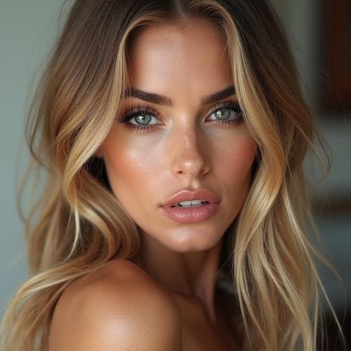 A close-up portrait of a woman with striking green eyes and blonde hair. Natural makeup enhances her features. The lighting is soft and warm, highlighting her glowing skin.
