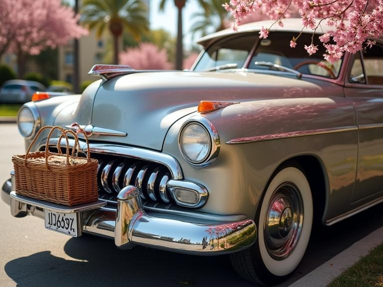 Photo features a silver vintage car with close-up view of the front bumper and hood. The car reflects palm trees and sunlight. Pink cherry blossoms drape over the hood and bike rack. The bike rack holds a wicker basket and has orange and red tail light on the left. The chrome grille shines in warm bright colors. The scene is set outdoors in midday sunlight, capturing spring season nostalgia with sharp details.