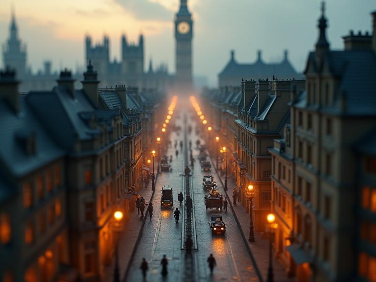 Wide angle tilt-shift aerial view of dollhouse miniature replica of Victorian downtown London. Big Ben and Houses of Parliament in background. Warm golden light and misty fog rolling off the Thames. Cobbled streets with horse-drawn carriages and pedestrians in period attire. Subtle cinematic lens flares. Atmospheric digital painting style.