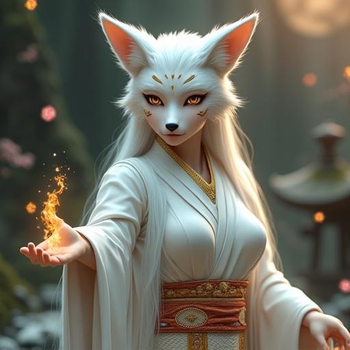 A divine fox goddess has a humanoid body with fox-like features. She has golden eyes and sacred markings. Her skin merges into fine white fur. She extends her hand toward the viewer. Another hand is near her chest. She wears a fitted kimono with moon and star motifs. Spirit flames float and cherry blossoms drift around her. Moonlight casts shadows in a forest shrine. Hyper-realistic detail with soft lighting and high realism.