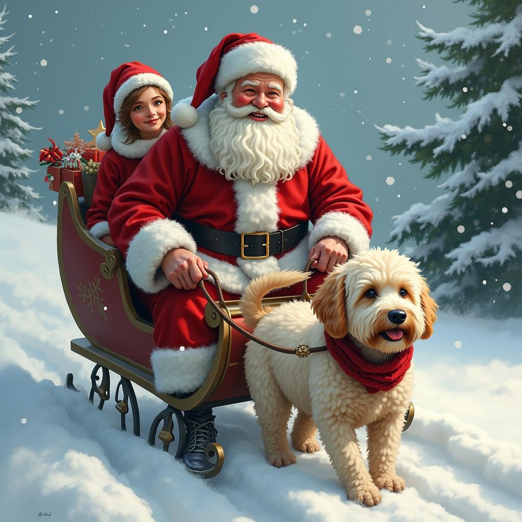 Depiction of Santa Claus riding in a sleigh. Sleigh pulled by a Maltipoo dog. Snowy landscape with falling snowflakes. Santa wears a red suit with white fur trim. Santa has a list in his hand. A female elf sits behind him.