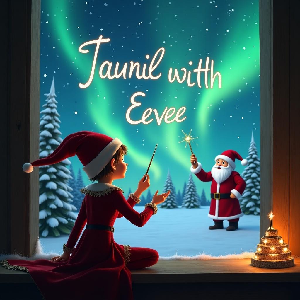 The image depicts an enchanting Christmas scene viewed from the inside of a cozy cabin. An elf, with its back to the viewer, is seated and looking out toward the night sky. Using a magic wand, the elf elegantly writes 'Tauriel & Eevee' in glowing letters among the stars. In the background, vibrant northern lights dance across the sky, lighting up the landscape filled with snow-covered trees. Santa Claus is seen in the distance, adding to the magical ambiance of the scene.