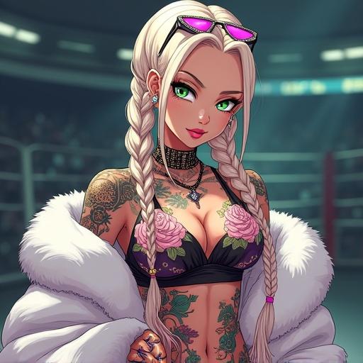 Anime character in a modern martial arts arena. Woman with emerald green eyes, oversized blonde braids. Light pink diamond jewelry and sunglasses. Futuristic attire, with a sexy ninja kimono and fur coat. Muscular build, colorful tattoos, and facial piercings. Nighttime setting. Cybernetic right leg. Violent grin expressing confidence.