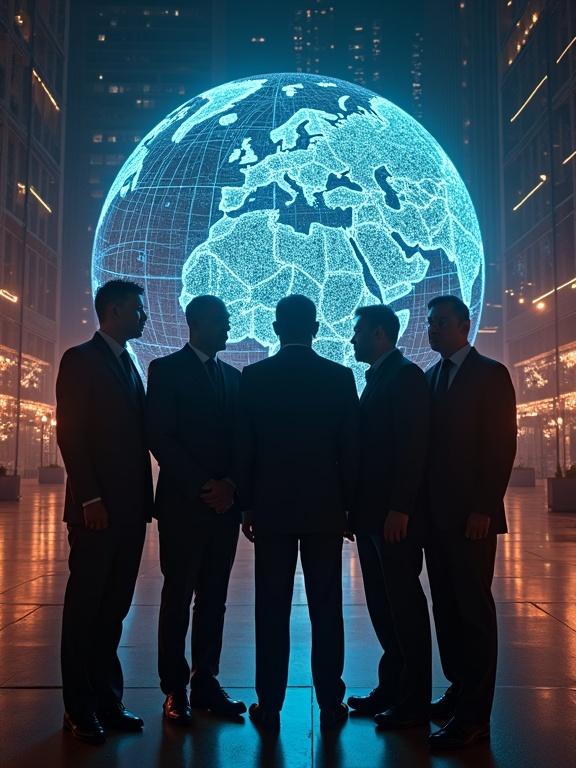 Group of leaders from BRICS countries stand in front of glowing digital globe. Background features a new network grid. Scene has cinematic lighting with high detail and vivid colors.