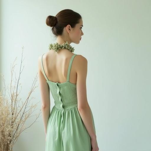 A woman wears light green thin clothing. She has a high bun and a flower necklace. A white wall is in the background. Scattered dead branches are present. Soft light creates a cool atmosphere. Her posture is elegant and natural.
