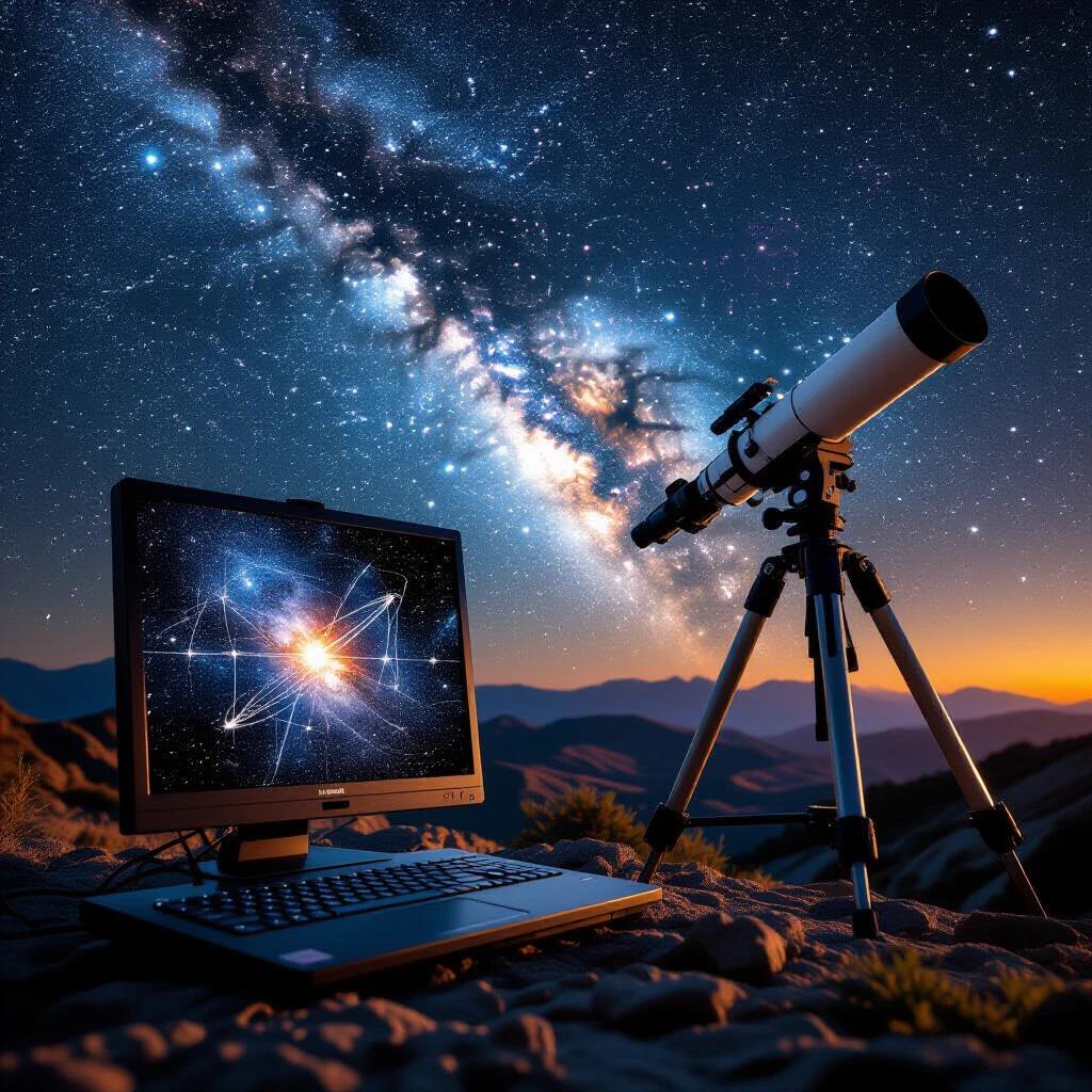 A quantum computer displays entangled particles. An astronomical telescope is aimed at the night sky. The starry galaxy is visible in the background. The scene is set in a remote location away from city lights. The telescope is on a tripod next to a computer. The sky has a vibrant mix of stars and galaxies.