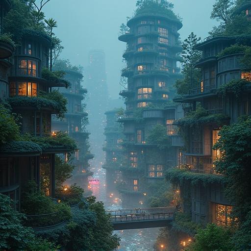 Create a biopunk city with organic buildings and bioluminescent plants in a square format.