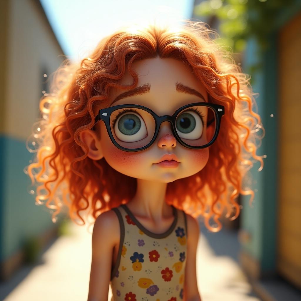 Girl with curly red hair wearing sunglasses. She has a light skin tone and freckles. A sunny outdoor setting with soft background colors.