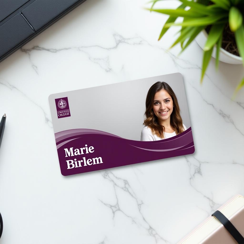 This image depicts a student ID card from the University of Sydney College, designed for Year 12 students. The card features the name Marie Birlem and includes her photograph prominently. The background showcases the university logo with a sleek design. It is placed on a marble surface, which adds visual interest. Bright, natural lighting makes the elements on the card stand out. This ID card represents identity and access within the university context.