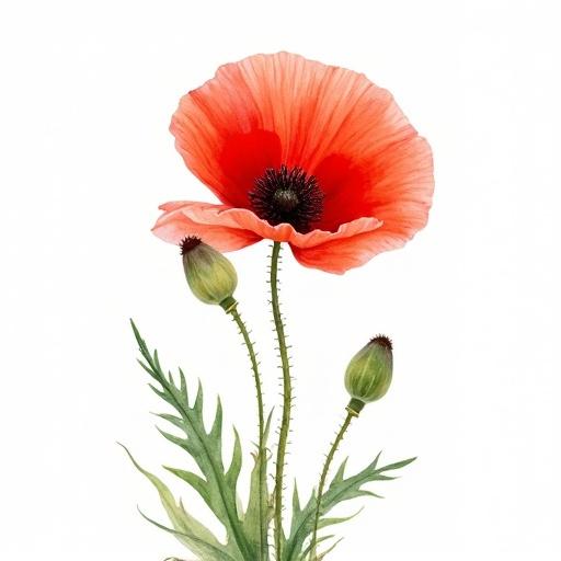 Watercolor painting of a wild red poppy with two buds. The poppy is vibrant red with a dark center. Leaves and stems are green. Image has a plain white background.