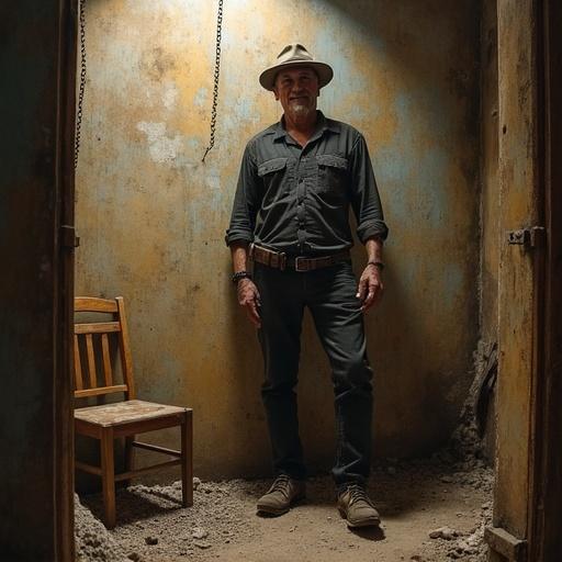 A man stands in an abandoned room. The walls show peeling paint. He wears a hat and casual clothing. A wooden chair is nearby. Lighting creates a moody atmosphere.