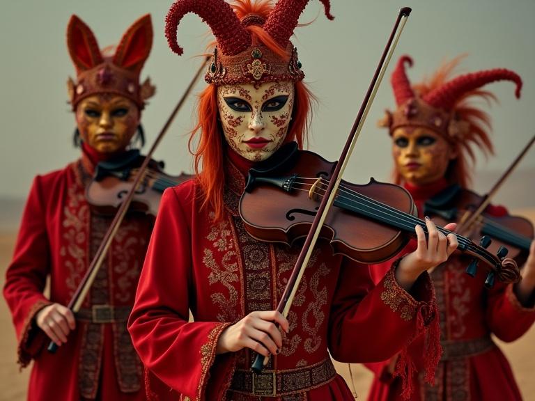 Three performers in elaborate costumes and masks. One plays the violin while two others stand nearby. Inspired by kitsch movement and fantasy aesthetics. Set in a desert background. Bright colors and mystical feel present.