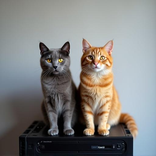 Two cats sit on a black computer case. A gray tabby on the left and an orange tabby on the right. Both look at the camera with focused faces. The background is light gray and smooth. Bright light creates a warm, harmonious feeling.