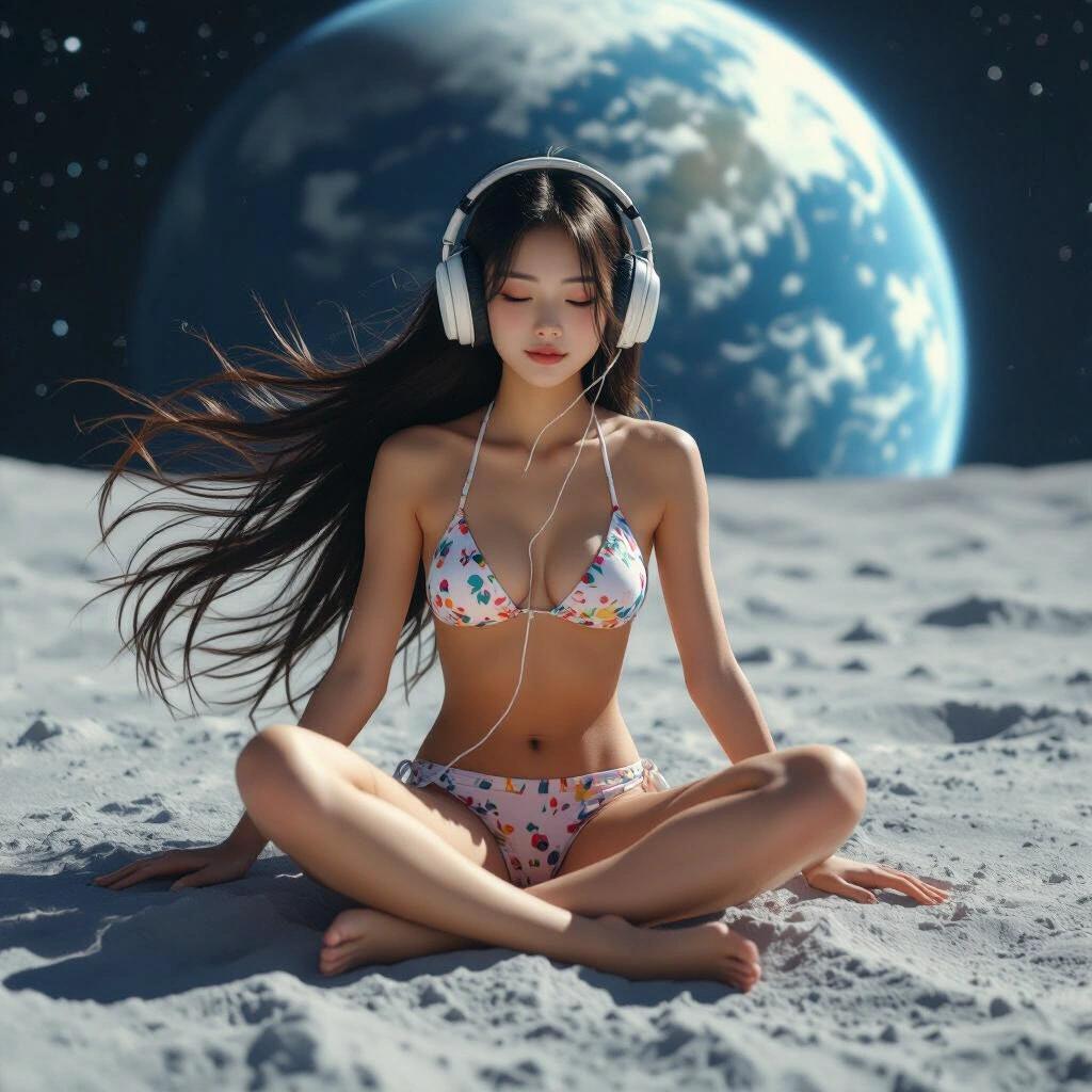 Korean girl with long hair wearing bikini. Sitting in a fetal position. Wearing oversized headphones. Floating above the moon's surface. Planet Earth in the background.