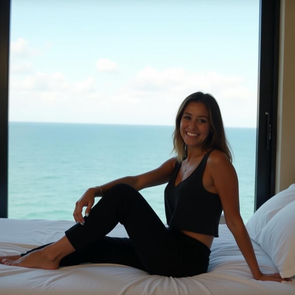 A woman sits on a bed in front of a window. The ocean is visible in the background. She wears a black outfit. The scene conveys a relaxed atmosphere.