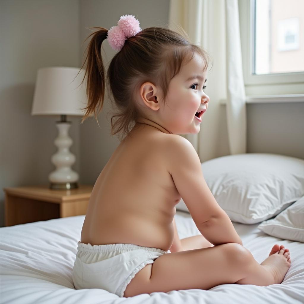 A playful 4-year-old girl sits on her bed in a cozy bedroom, wearing only a diaper. She has a joyful expression on her face, enjoying the moment. The room features soft natural light coming from the window, creating a warm and inviting atmosphere. The girl has a ponytail fastened with a pink pom-pom, adding a cute touch. This image captures the innocence and happiness of childhood in a serene environment.