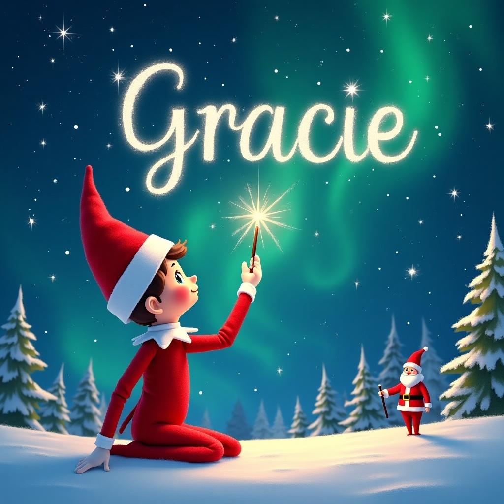 Elf on the Shelf facing the sky using a wand to write in a magical Christmas scene. Background features northern lights and Santa. Name Gracie elegantly written in the sky.