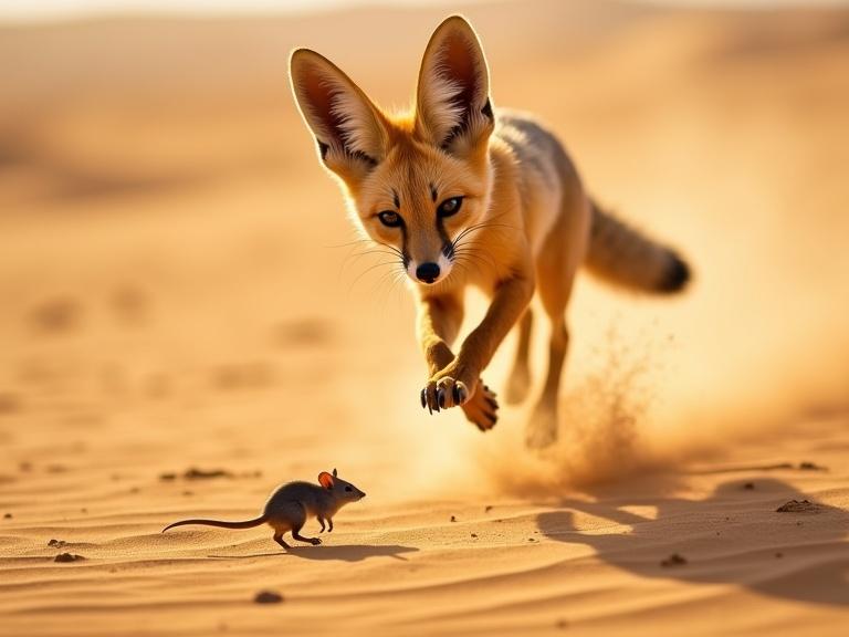 A fennec fox mid-leap hunting a mouse in a desert. Golden sand with ripples. Low sun casts shadows. Fox's large ears alert. Mouse in foreground about to flee. Dynamic scene with dust rising.