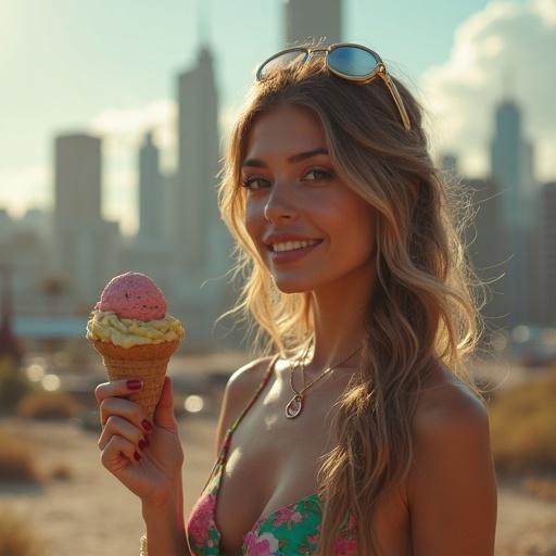 A beautiful woman holds ice cream in one hand in a sunny urban setting. A skyline can be seen in the background.