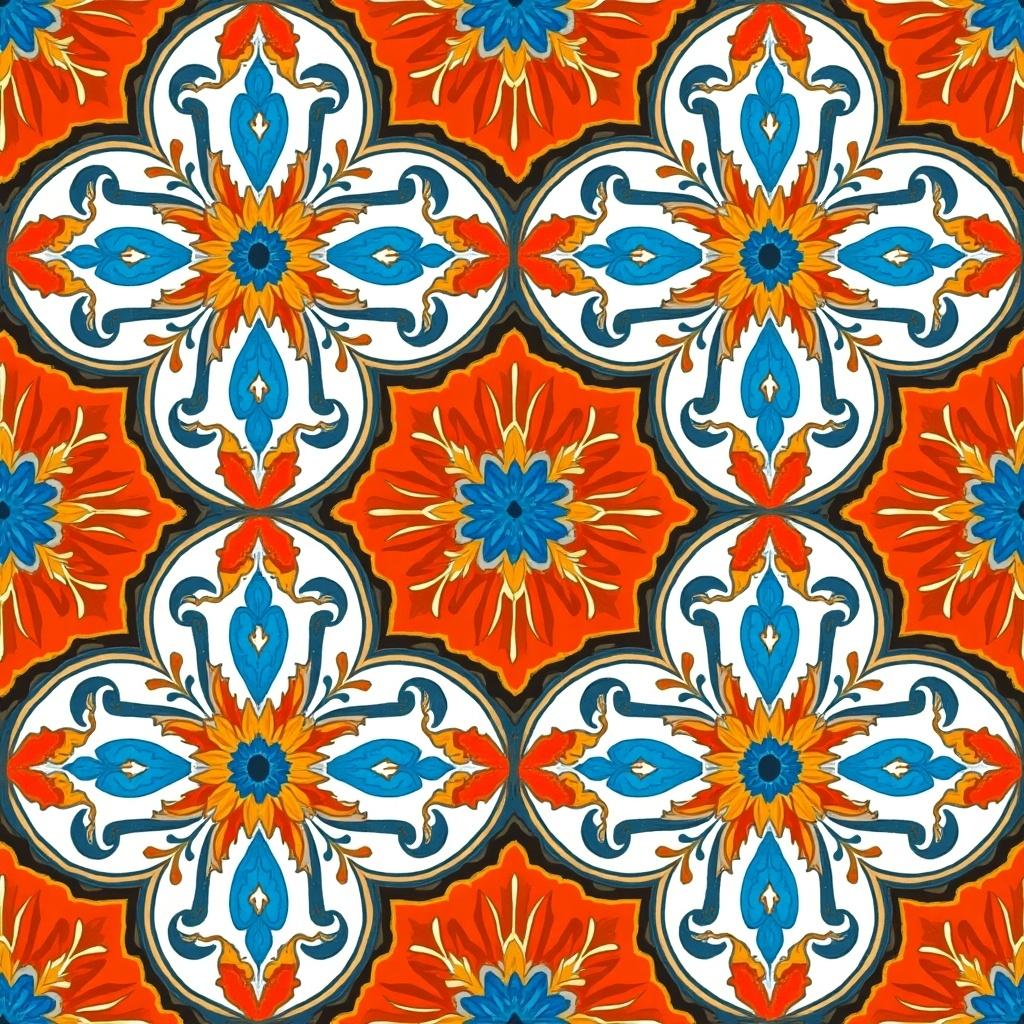 Unique Arabesque Pattern features floral motifs and intricate details. Bright colors with symmetrical design highlight the visual impact.