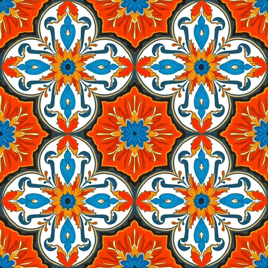 Unique Arabesque Pattern features floral motifs and intricate details. Bright colors with symmetrical design highlight the visual impact.