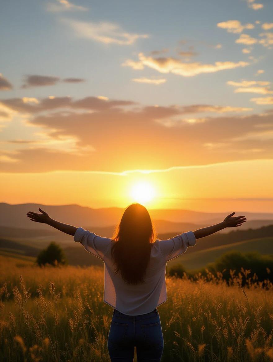 Person standing in a beautiful natural landscape. Arms open wide toward the sunrise. Silhouette visible against the golden sky. Photorealistic depiction with warm color grading. Inspirational mood conveyed in a cinematic wide shot. Symbolizing freedom.