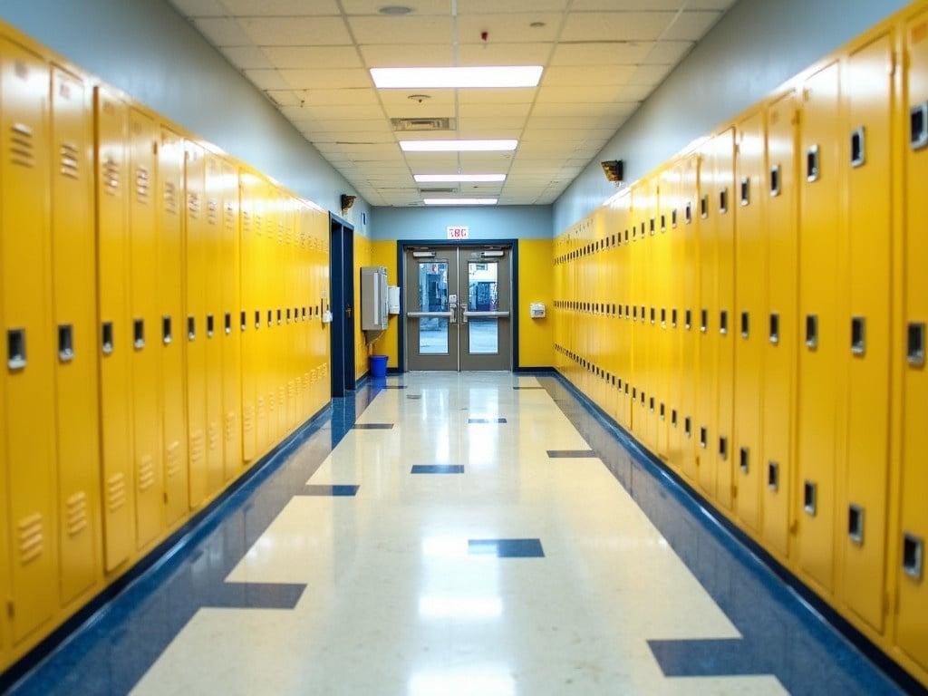 The image shows a long, brightly lit school hallway. The walls are lined with yellow lockers on both sides, creating a vibrant and cheerful atmosphere. The floor is polished and features blue squares interspersed between white tiles. At the end of the hallway, there are double doors leading outside, and a water fountain is visible on the left side. The ceiling has fluorescent lights illuminating the space, giving it a clean and modern look.