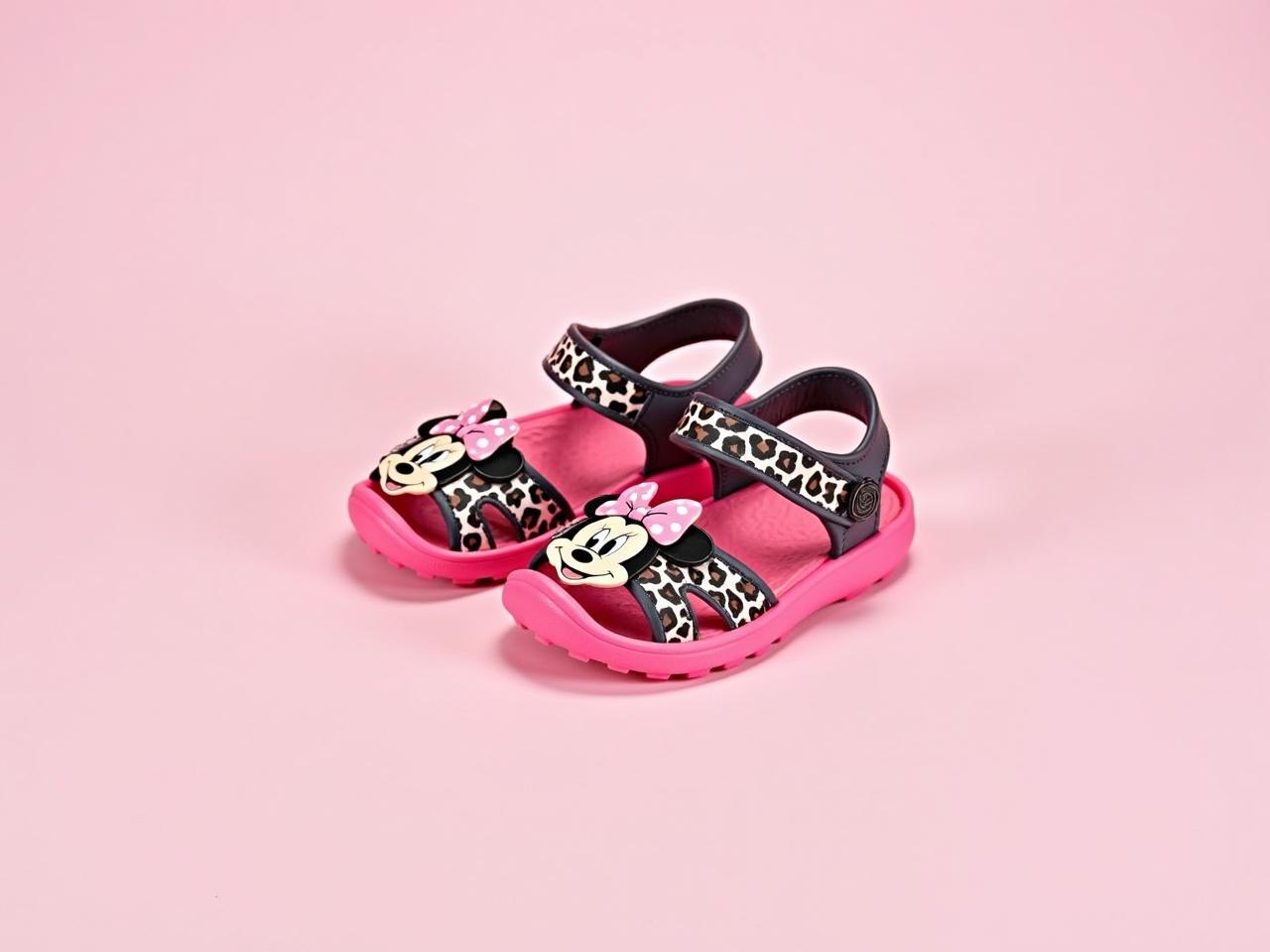 The image shows a pair of colorful sandals designed for children. The sandals are predominantly pink with a fun leopard pattern on the straps. They feature a cute character design of Minnie Mouse on the front, complete with her signature bow. The sandals have a rubber sole, which adds to their comfort and playfulness. They are placed against a soft pink background, enhancing the cheerful vibe of the design.