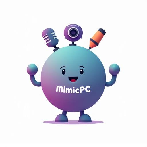 Minimalist AI mascot with MimicPC featured prominently. Smiling face on a rounded blob shape. Digital tools like a microphone camera and pen on top. Gradient color scheme from teal to violet. Flat vector illustration style against a white background.