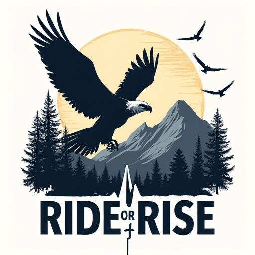 Mountain design features silhouette of an eagle against rugged peaks. Birds soar in the background. EKG heartbeat line integrates with the mountain theme. Bold text says RIDE OR RISE. Graphic represents excitement of trail riding.