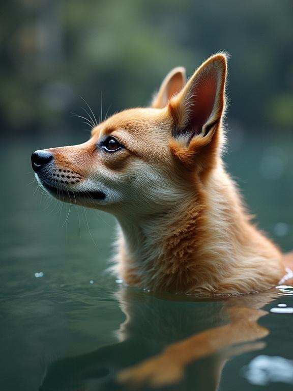 A hyper-realistic photo of a Corgi swimming in calm water. The dog's profile is visible, showcasing its fur and expression.