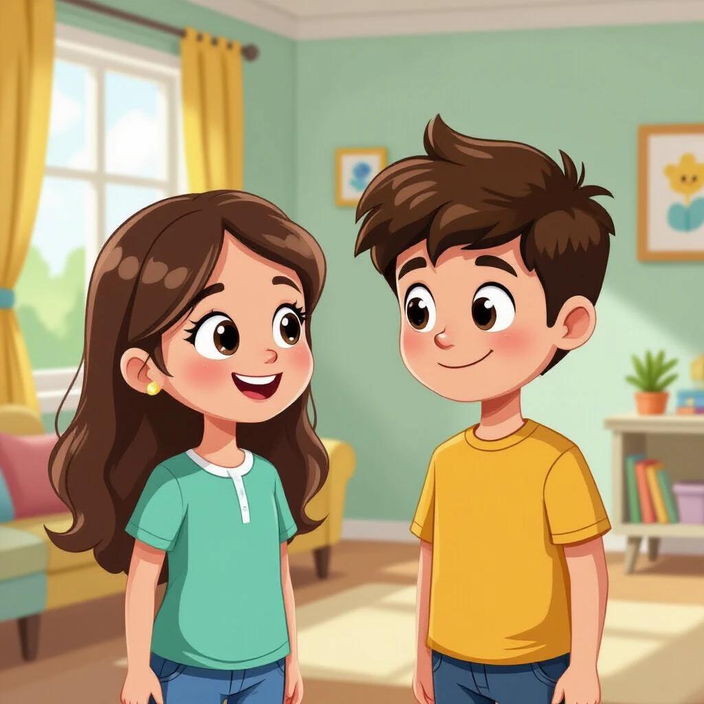 Two cartoon kids in an indoor setting. One kid is wearing a green shirt and the other a yellow shirt. They are smiling at each other. The background shows a cozy room with a window and decorations.