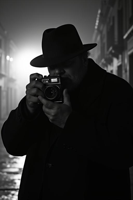 Black and white noir photograph set in nighttime Venice. A strong man wears a fedora and lifts a vintage camera. The scene has a foggy alley atmosphere. Lights diffuse through mist and reflect on wet surfaces. The dramatic lighting casts shadows and reveals only the camera and hands.
