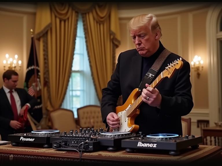 Scene depicts a formal setting with a DJ setup and a musician. An electric guitarist is playing while another person assists in the background. The environment features elegant decor typical of governmental settings.