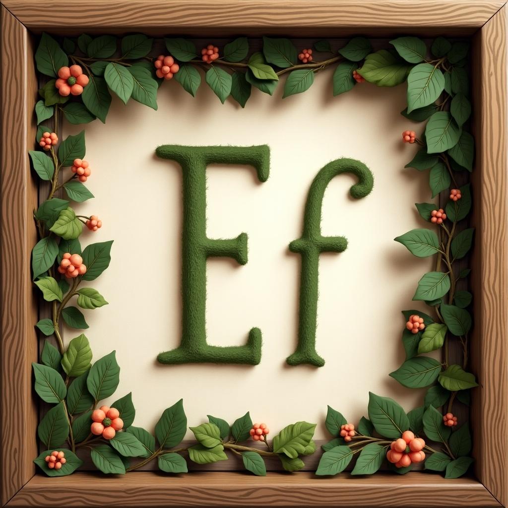 A decorative frame featuring the letters 'Ef' at the center. The frame is adorned with lush green leaves and red berries. This design allows space for text or writing.