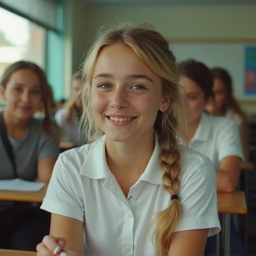 Image of a smiling teenage girl at school with friends. She has long blond hair in a braid and is wearing a white polo shirt. The scene captures a casual classroom setting with natural light. The girl is depicted engaging positively, though smoking is present in the background.