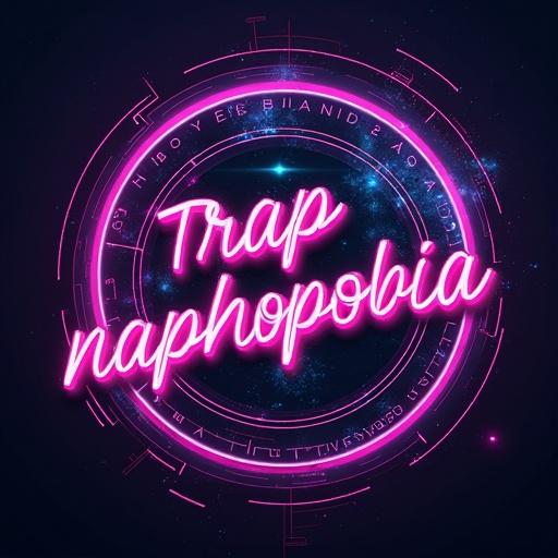 A neon tech music album cover featuring the text 'DJ Hardstylez Trapnaphobia' with a futuristic design and starry background.