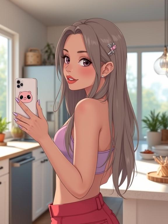 A young woman stands in a modern kitchen. She has long straight ash blonde hair with silver clips. She is taking a selfie. She wears tight red jeans and a cropped top. Her nails are lavender and manicured. The kitchen has natural lighting, sleek countertops, and pastel accessories.