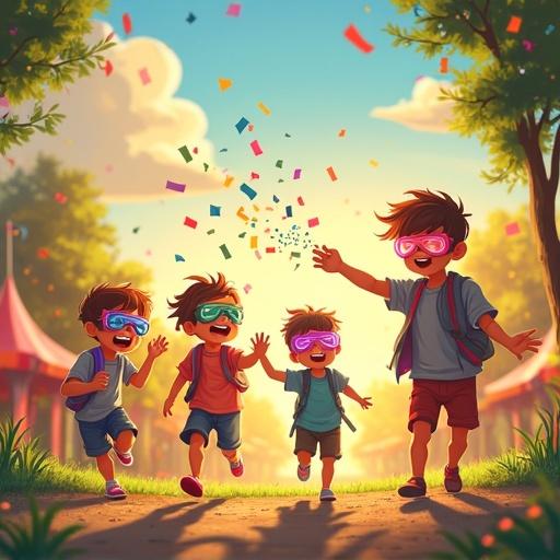 An illustration of children celebrating in a vibrant park scene. Four kids, around four years old, joyfully running and playing. Children wear colorful costumes, playful headbands, and light-up goggles. Warm sunset light illuminates the scene. Background features fabric flags and art installations, creating a whimsical festival atmosphere.