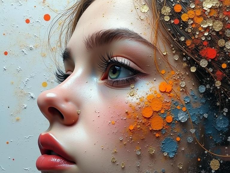 A close-up digital art piece featuring a female face. The artwork incorporates splashes of color and texture elements like glitters, wood, and newspaper. The textures are thick and impasto, creating a tactile experience.