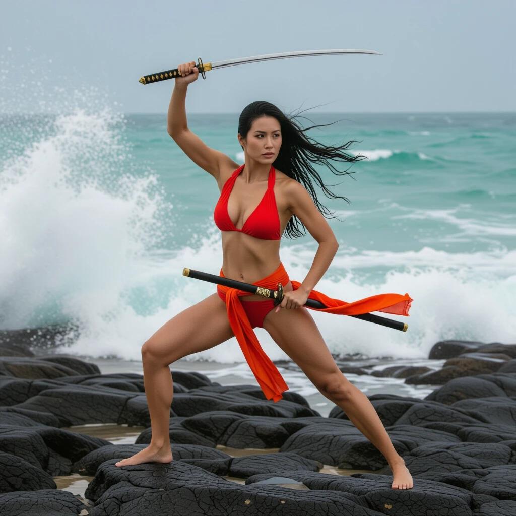 A woman stands in a dynamic martial arts pose on a rocky shoreline. She wears a red bikini top and an orange sash. She holds a sword aloft. The ocean waves crash behind her. The scene conveys motion and energy.