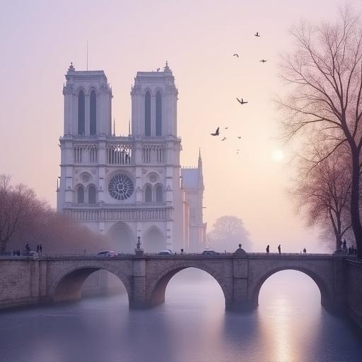 Hazy Paris morning scene featuring Notre-Dame Cathedral. Impressionistic style with blurred Gothic towers. Birds flying above the Seine River with gentle reflections. Soft lavender, pale gold, and slate gray colors create a peaceful atmosphere.