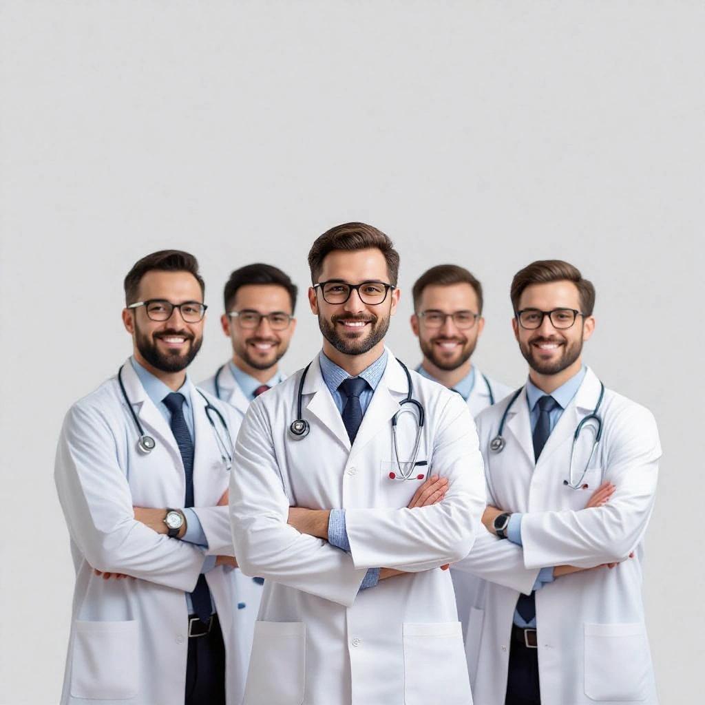 Group of male doctors stand together against a simple background. All wear white lab coats and stethoscopes. They appear confident and professional. Background is plain and simple to focus on the doctors.