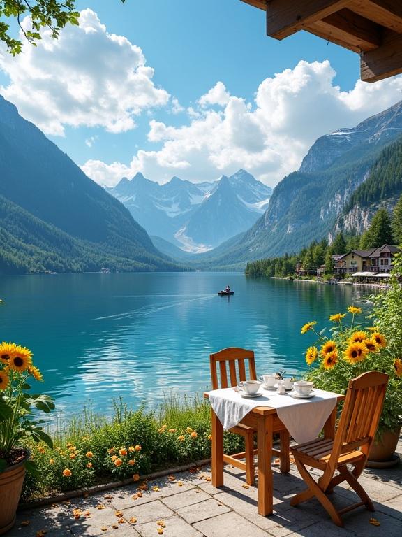 A hyper-realistic lakeside mountain view from a rustic wooden patio. Small wooden table and chairs with a white tablecloth. Teacups, teapot, and fresh flower petals on the table. Bright sunflowers line the patio. Crystal-clear blue lake reflects towering mountains under a vibrant sky. Quaint Alpine houses on the far lakeshore. A figure rows a boat across the water. Warm daylight with vivid colors and fine details evokes tranquility.