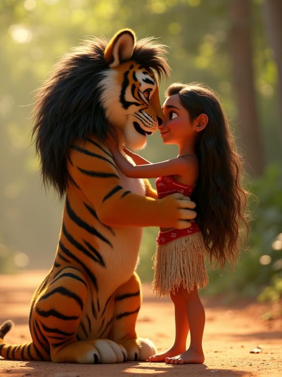 Close up of a cute cartoon featuring a young girl and a friendly tiger. The girl has long hair and tanned skin. They are in a forest setting. They share a moment of friendship and healing. The tiger is gentle and caring, showing affection to the girl who is injured.